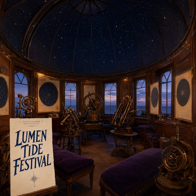 At a restored seaside observatory, a twilight meteor-watching event fills the domed hall with brass instruments, star charts, and velvet benches; "LUMEN TIDE FESTIVAL" is hand-printed in deep blue ink across a cream paper announcement beside the entrance. — Qwen Image 3.0 Pro