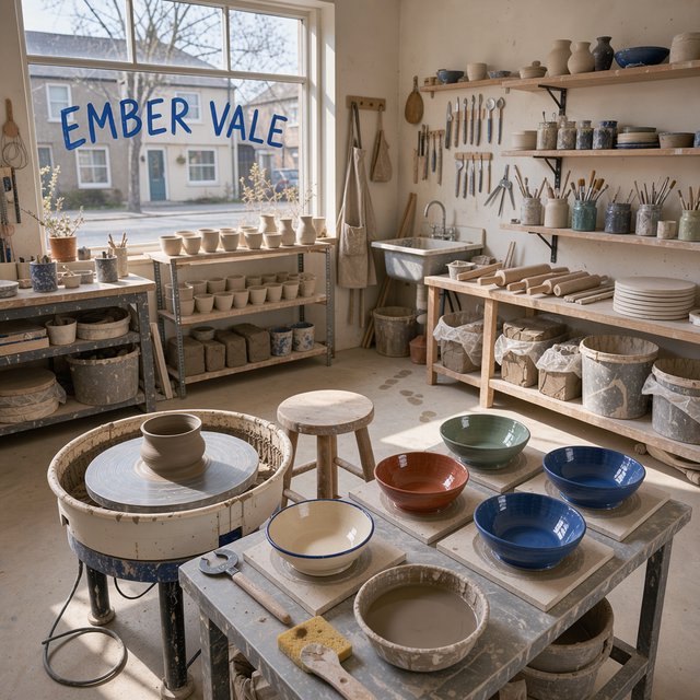 Inside a sunlit ceramics studio, glazed bowls dry beside a turning wheel and shelves of clay tools; "EMBER VALE" is painted in cobalt capitals on the front window. — FLUX 3 Image