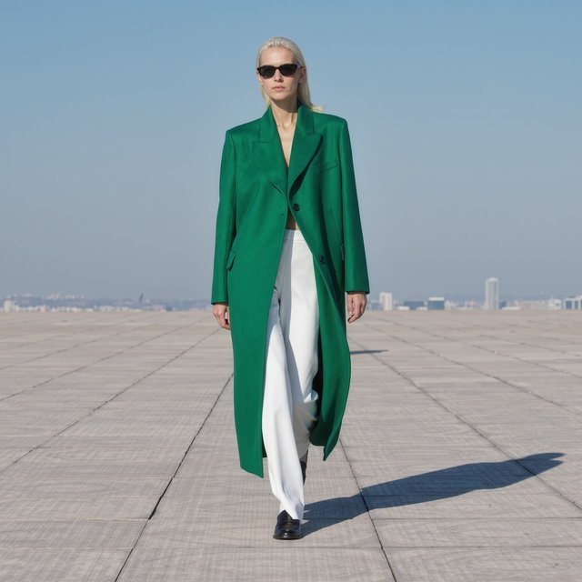 Full-length fashion editorial: model in a structured emerald wool coat and white trousers walking across a wide empty plaza, harsh midday sun, long shadow. — Kling v3 Omni