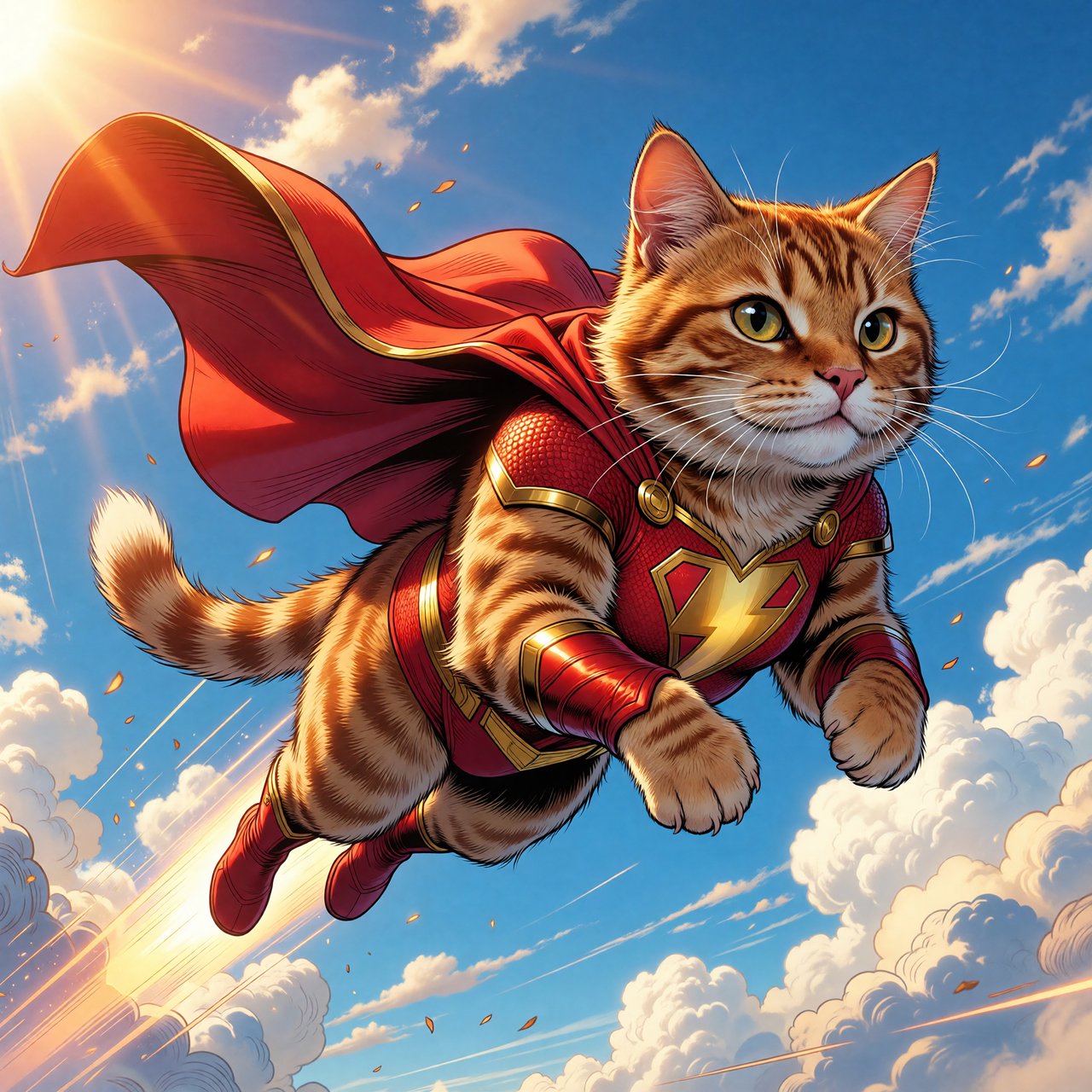 A cat flying in the sky wearing a super kitty costume. — ImagineArt 1.5 Pro
