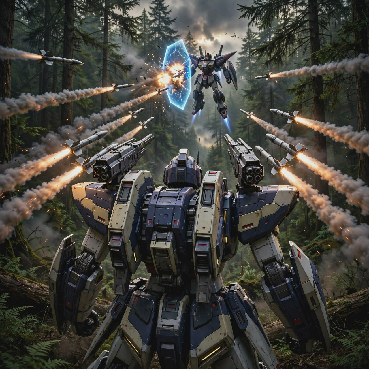 A dramatic cinematic scene of a towering 20-meter futuristic mecha standing in a dense forest, viewed from behind as the main focus. Its design is sleek, angular, and elegant, with a classic retro-futurist Japanese mecha aesthetic. Shoulder missile pods fire a volley of missiles toward an enemy mecha of a different but similarly styled design. The enemy mecha hovers in the air ahead, blocking the incoming missiles with a large arm-mounted energy shield. Dynamic action, smoke trails, forest scale, and intense battle atmosphere. — Muse Image 1.0