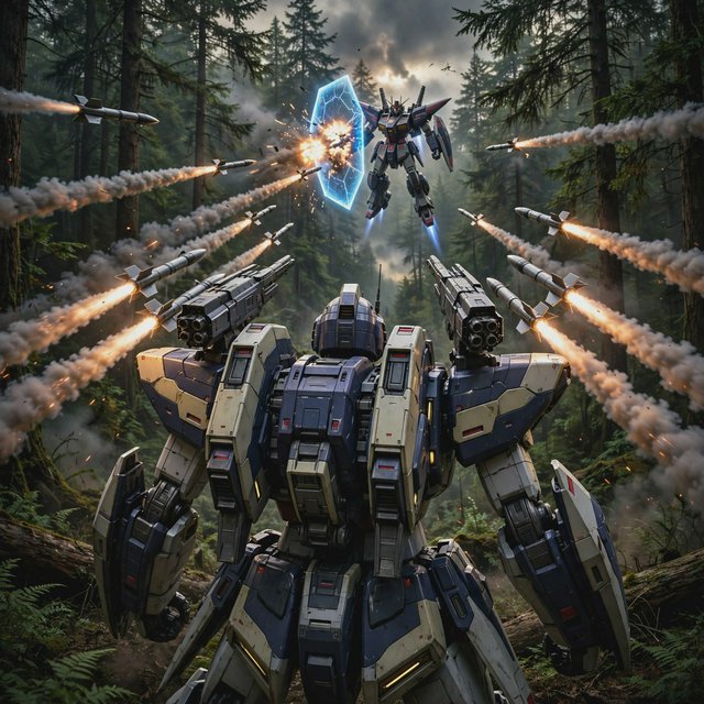 A dramatic cinematic scene of a towering 20-meter futuristic mecha standing in a dense forest, viewed from behind as the main focus. Its design is sleek, angular, and elegant, with a classic retro-futurist Japanese mecha aesthetic. Shoulder missile pods fire a volley of missiles toward an enemy mecha of a different but similarly styled design. The enemy mecha hovers in the air ahead, blocking the incoming missiles with a large arm-mounted energy shield. Dynamic action, smoke trails, forest scale, and intense battle atmosphere. — Muse Image 1.0
