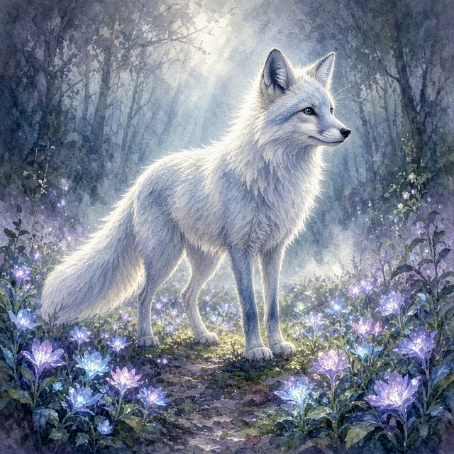 A majestic fox with fur like spun moonlight, standing in a clearing bathed in ethereal light. Bioluminescent flowers bloom around its paws, casting a soft, otherworldly glow. The scene is rendered in a detailed watercolor illustration style, with delicate brushstrokes and a muted, mystical color palette. Cinematic lighting emphasizes the magical ambiance. — Model 5