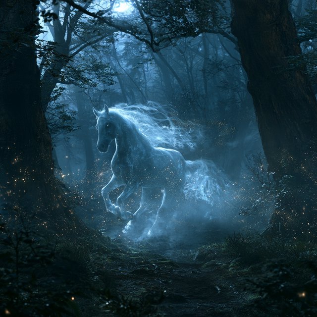 A majestic horse with a spectral mane and tail gallops through an enchanted, moonlit forest. Glimmering fireflies illuminate the path, casting an ethereal glow on ancient trees. The horse appears translucent, as if it's a phantom from another realm. The style is digital art, with surrealism and cinematic lighting to enhance the mysterious atmosphere — Midjourney V8.2