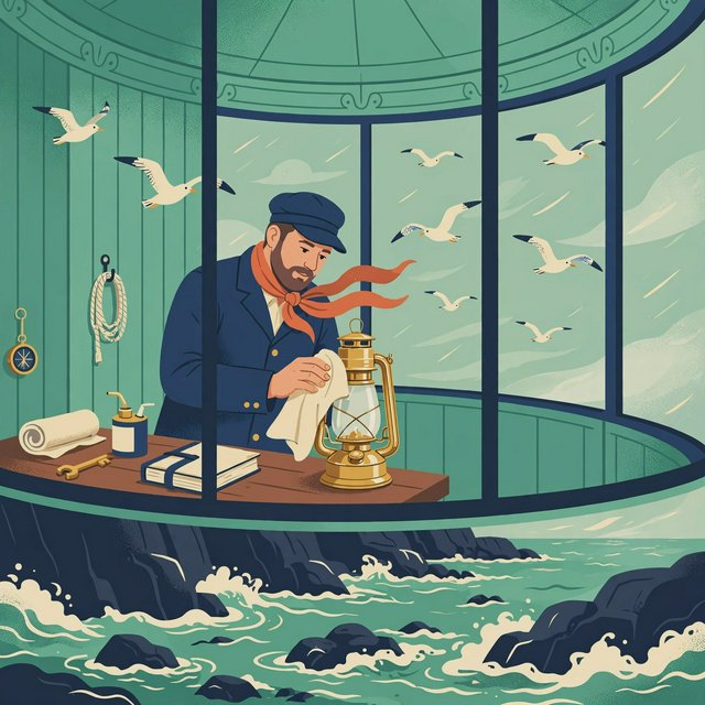 Flat-vector illustration of an adult lighthouse keeper polishing a brass lantern in a windswept tower, gulls circling beyond the glass and foam tracing black rocks below. Palette of sea-glass green, cream, vermilion, and navy. — Muse Image 1.0