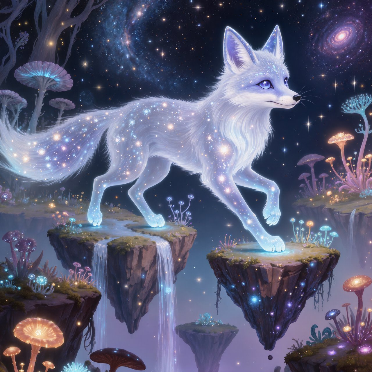 An ethereal fox with crystalline fur navigates a landscape of floating islands. Waterfalls cascade into the starry abyss below, and strange, alien flora sprouts from glowing rocks. This is a magical realism painting, infused with the wonder of distant galaxies. — Kling v3 Omni