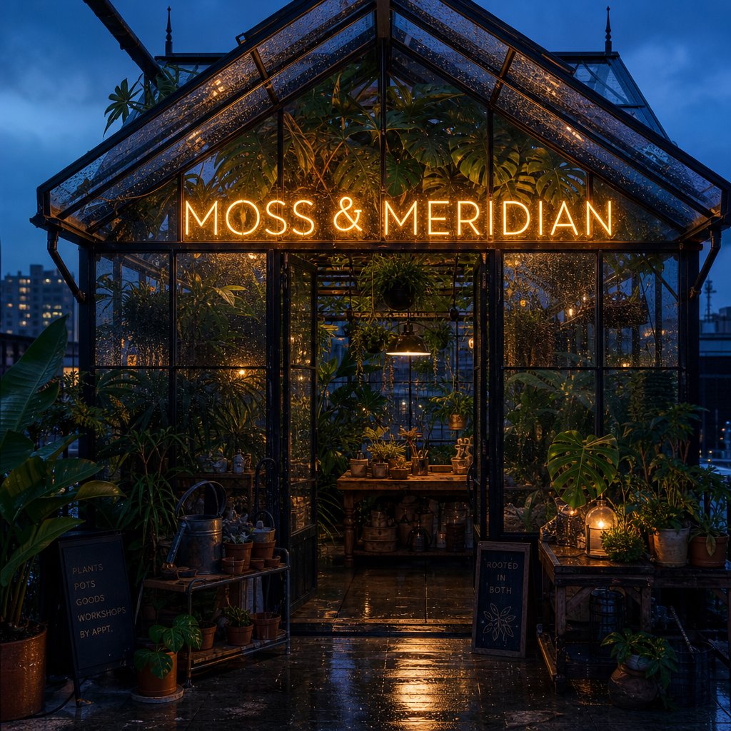 Inside a rooftop greenhouse at blue hour, tropical leaves crowd iron beams above a quiet potting bench; "MOSS & MERIDIAN" glows in warm amber neon along the glass entrance, with rain beads catching the light. — GPT Image 2