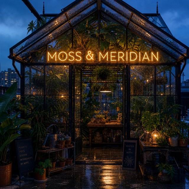 Inside a rooftop greenhouse at blue hour, tropical leaves crowd iron beams above a quiet potting bench; "MOSS & MERIDIAN" glows in warm amber neon along the glass entrance, with rain beads catching the light. — GPT Image 2