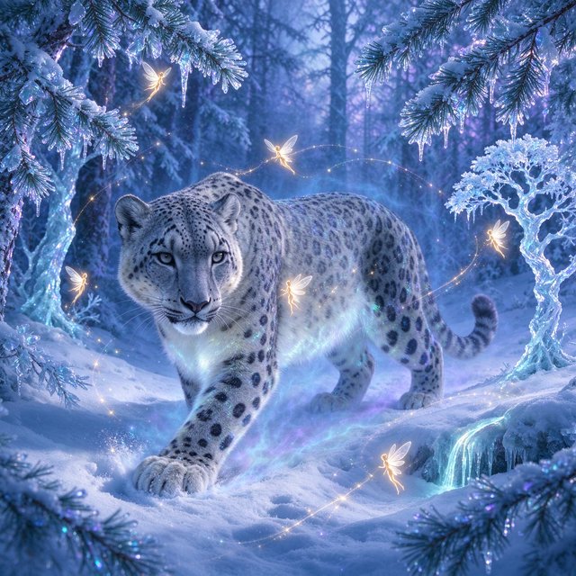 A majestic snow leopard, its fur shimmering with an internal bioluminescent glow, stalks through a frozen, enchanted forest. Crystalline trees with glowing, frost-covered leaves create a magical winter wonderland. Tiny, winged sprites flit between the branches, leaving trails of stardust. The image should capture the essence of a fairytale winter scene with a touch of photorealism, emphasizing the mystical light and the creature's ethereal presence. — Model 19