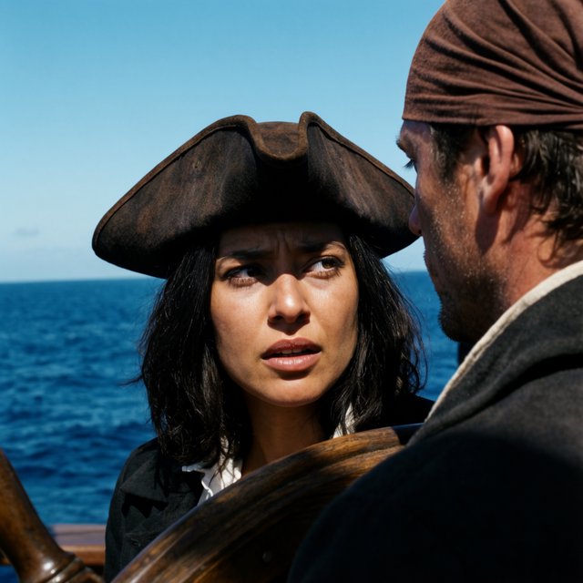 A pirate woman wearing a tricorne hat and an open coat stands behind the helmsman, scanning the horizon for danger. — Krea 2 Large