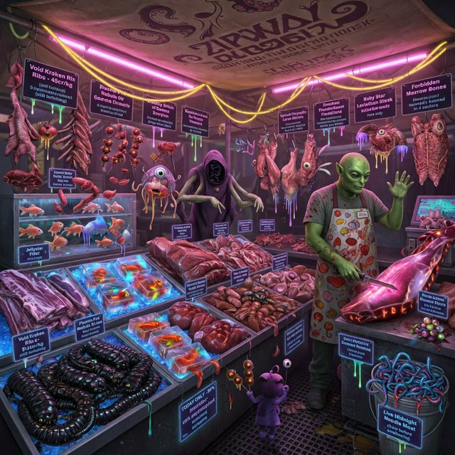 Exotic alien meat market with every possible meat imaginable on sale! — Grok Imagine Image Quality