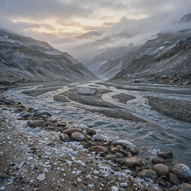 Beyond a braided glacier-fed stream, a steep moraine valley opens beneath clearing dawn snow flurries; gritty ice grains and water-polished stones sharpen the near bank, while layered ridges fade into cloud. — Model 14
