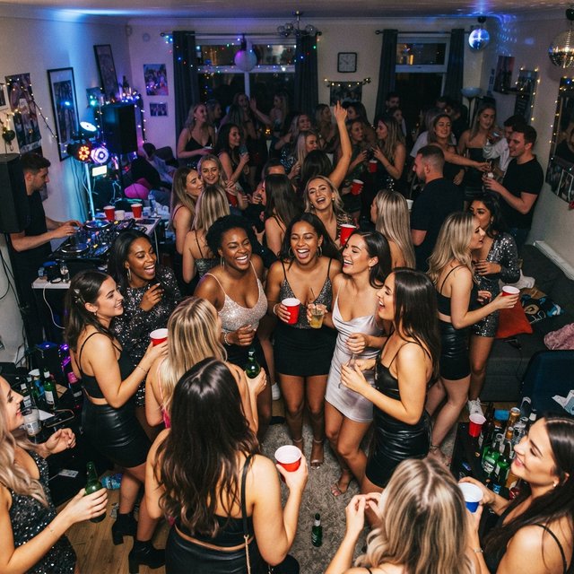 Realistic house party. Mostly adult women wearing clubwear. For every adult man, there are at least three adult women. Many angles. Vibe: very lively and fun. — Nano Banana 2 Lite