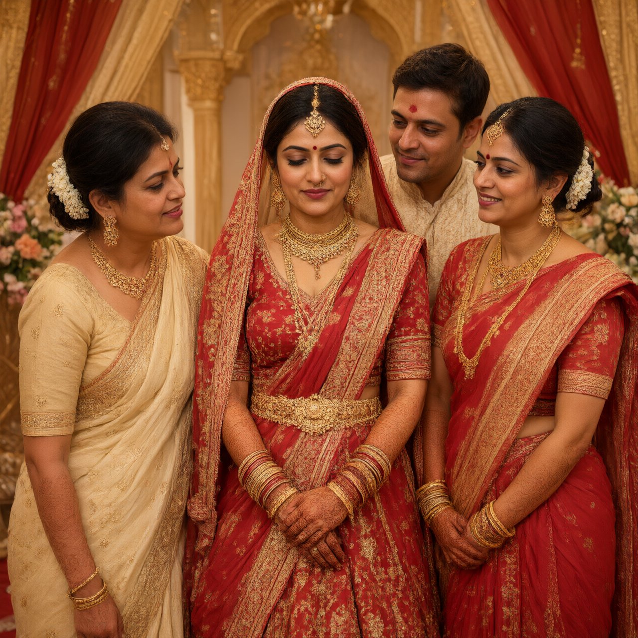 A realistic scene of an Indian wedding showing the emotions of the adult bride and her adult family members — Qwen Image 3.0