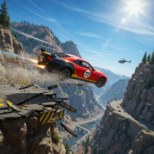 A sports car in a daredevil stunt has driven off a road from a high cliff, attempting to fly and land on the road on the next cliff. Beautiful mountainous background, sunny blue sky. Show motion, speed, and action. — Grok Imagine Image Quality