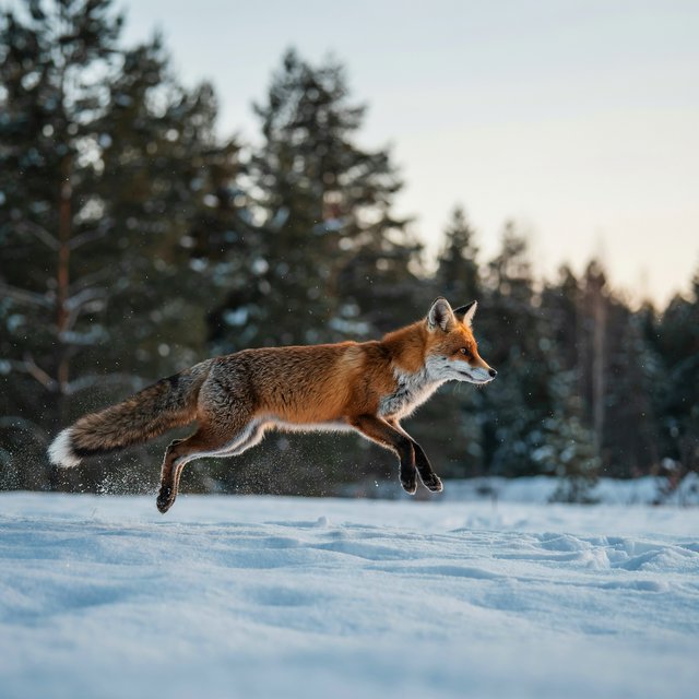 A red fox springs through powdery snow at the edge of a pine forest, ears forward and paws suspended. A real-world wildlife telephoto photograph in pale dawn light, 300mm lens, with snow crystals frozen midair. — Model 8