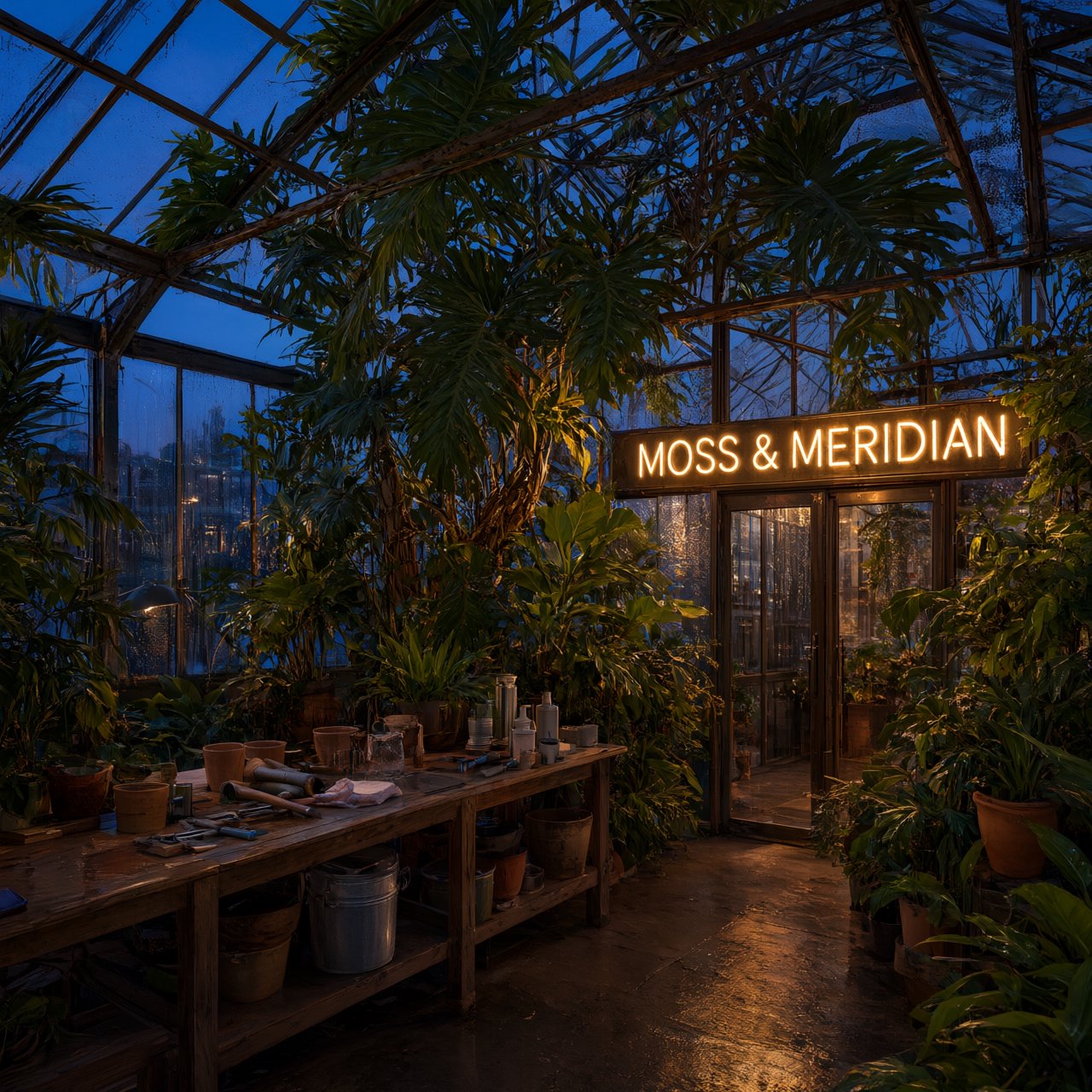 Inside a rooftop greenhouse at blue hour, tropical leaves crowd iron beams above a quiet potting bench; "MOSS & MERIDIAN" glows in warm amber neon along the glass entrance, with rain beads catching the light. — Qwen Image 3.0 Pro