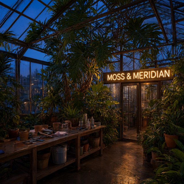 Inside a rooftop greenhouse at blue hour, tropical leaves crowd iron beams above a quiet potting bench; "MOSS & MERIDIAN" glows in warm amber neon along the glass entrance, with rain beads catching the light. — Qwen Image 3.0 Pro