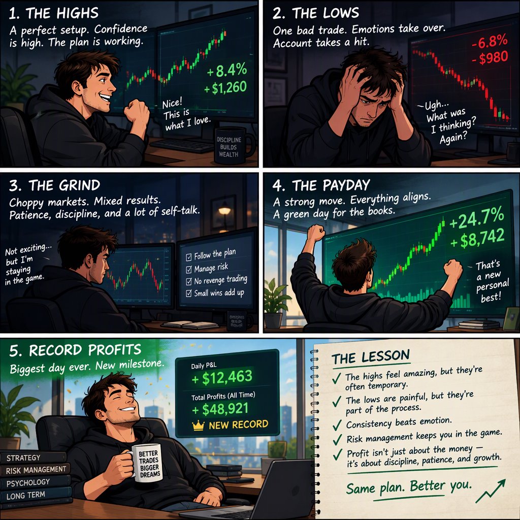An image depicting the highs and lows of trading, in at least four panels. It ends with a very green day, record profits, and a lesson. — GPT Image 2.5 Flare