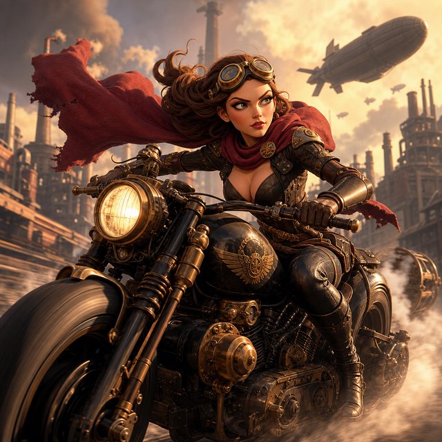 A modeled 3D character design featuring exaggerated, caricatured proportions and a striking silhouette—combined with subtle, nuanced skin shading and warm, cinematic rim lighting—creates an elegant aesthetic reminiscent of modern animated films. The result is a polished, stylized rendering characterized by rich color depth, expressive caricatured facial features, painterly texture details, and a dramatic, theatrical atmosphere typical of contemporary animation. An adult female superhero with a flowing cape on a moving motorcycle. Dieselpunk style. — GPT Image 2