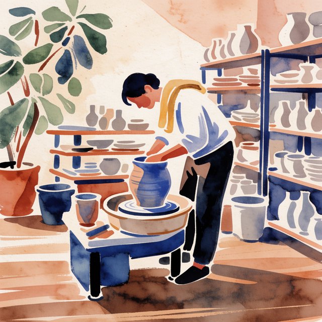 Watercolour illustration of an adult ceramicist shaping a blue-glazed vessel in a sunlit workshop, shelves of unfinished pottery and leafy plants softened by loose brushwork. Palette of terracotta, indigo, warm cream, and sage. — Krea 2 Medium