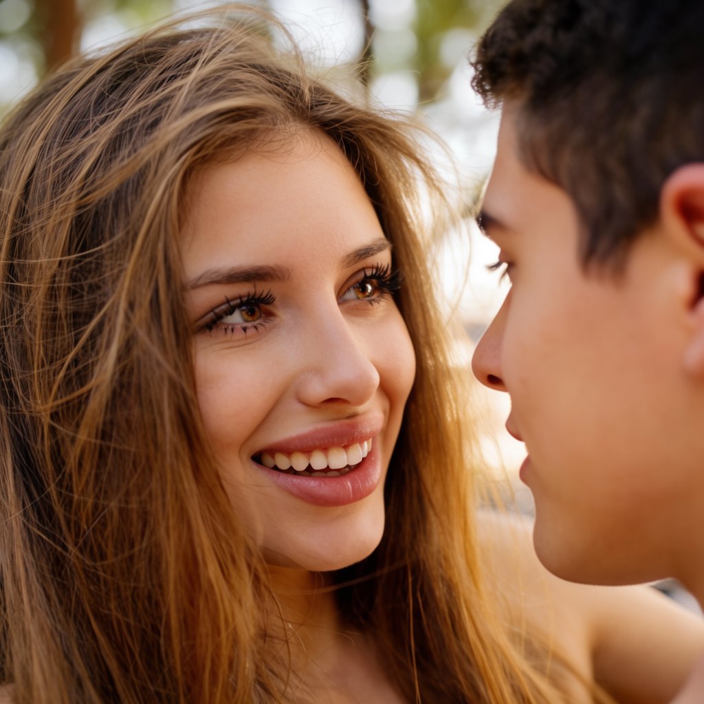 Exchanging flirtatious glances. Alluring. A peerlessly beautiful adult woman. Captivating. An expression of being dazzled by money, heart racing. Ergonomics. Long hair flowing. — Krea 2 Large