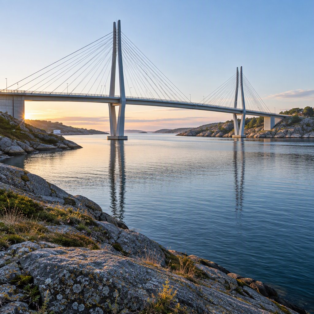 Across a sheltered coastal inlet, a contemporary high-tech cable-stayed bridge spans between granite shores, its slender steel pylons and pale concrete deck catching cool sunrise light; viewed from a rocky bank, straight lines and credible engineering define the scene. — GPT Image 2.5 Flare
