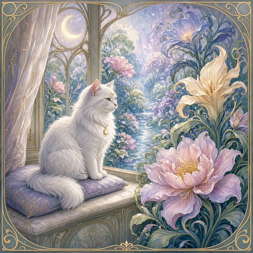 A whimsical cat with fur like spun moonlight sits on a windowsill overlooking a dreamlike garden. The garden is filled with oversized, fantastical flowers rendered in a soft, painterly style, with elements of Art Nouveau curves in the plant designs. The overall mood is serene and enchanting. — Grok Imagine Image 2