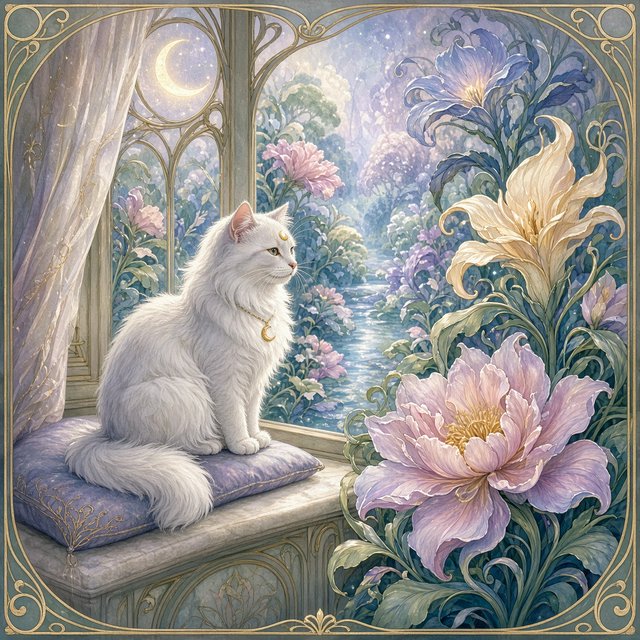 A whimsical cat with fur like spun moonlight sits on a windowsill overlooking a dreamlike garden. The garden is filled with oversized, fantastical flowers rendered in a soft, painterly style, with elements of Art Nouveau curves in the plant designs. The overall mood is serene and enchanting. — Model 5
