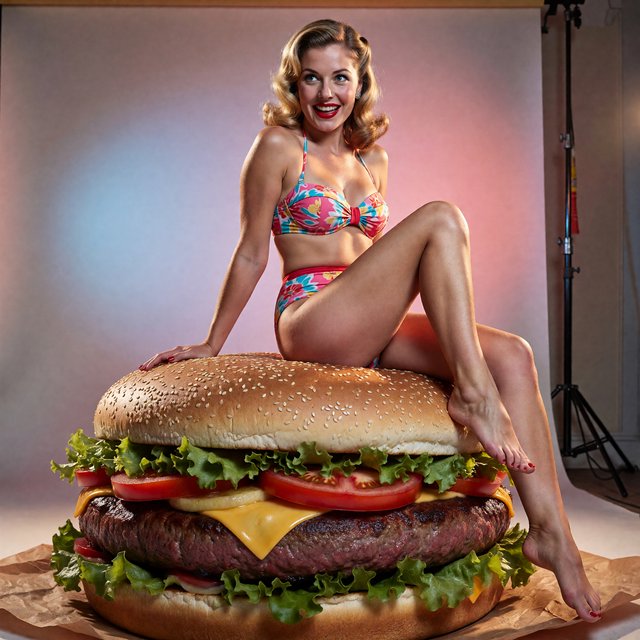 A 1950s pin-up-style photo of a bikini-clad woman sitting on a giant hamburger. — ImagineArt 1.5 Pro