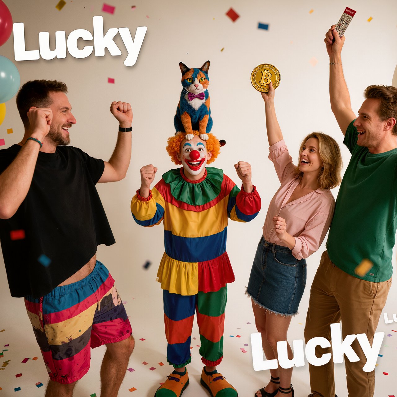 Realistic. Four to five adults having a very lucky day. One of the people is a clown with a very strange cat on their head. Another is wearing a black crop top and multicolored shorts. The word “Lucky” is seen at least twice in the background. — Kling v3