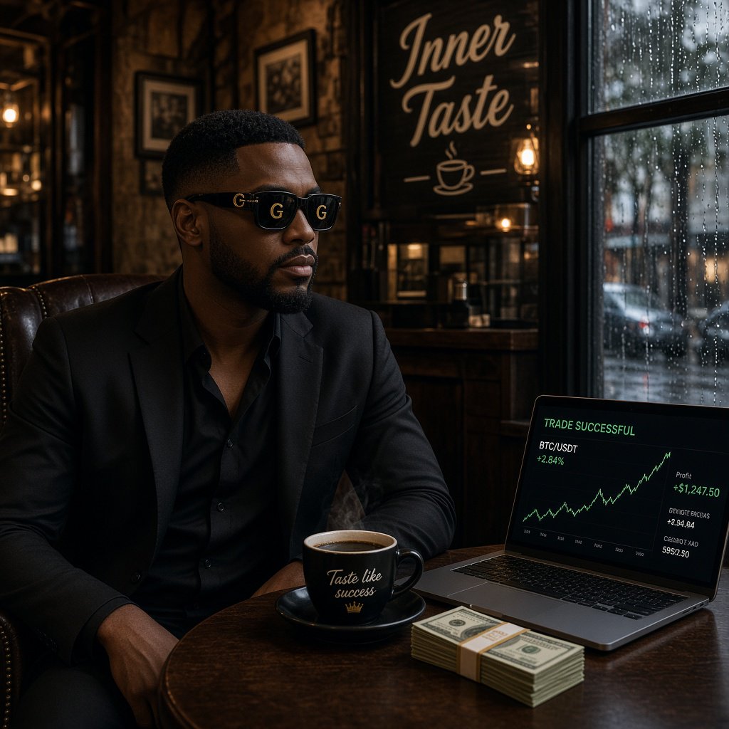 Realistic, a man wearing a black suit and cool shades with the word “G” on them, sitting near a table in a friendly coffee shop with the words “Inner Taste” displayed in the shop, coffee on the table, a coffee cup with the words “Taste like success,” a stack of money on the table, a high-end laptop displaying a successful trade, and rain pouring outside. The vibe is calm and chill. — Grok Imagine Image 2