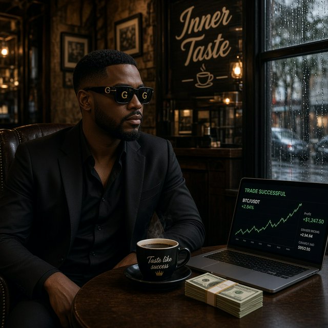 Realistic, a man wearing a black suit and cool shades with the word “G” on them, sitting near a table in a friendly coffee shop with the words “Inner Taste” displayed in the shop, coffee on the table, a coffee cup with the words “Taste like success,” a stack of money on the table, a high-end laptop displaying a successful trade, and rain pouring outside. The vibe is calm and chill. — Grok Imagine Image 2
