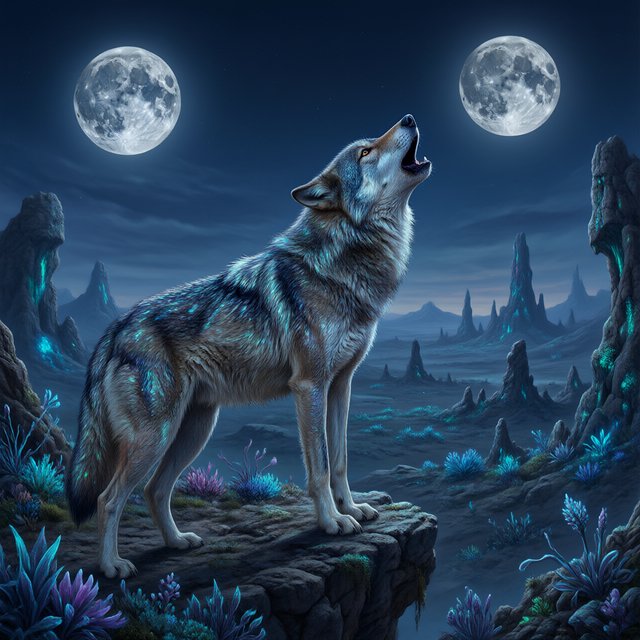 A solitary wolf, its fur subtly infused with shimmering, bio-luminescent patterns, howling at a sky filled with twin moons. The wolf stands on a cliff overlooking a vast, alien landscape dotted with strange, glowing rock formations and spectral, phosphorescent vegetation. — Qwen Image 3.0