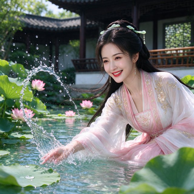Cinematic shot, a breathtakingly stunning adult Chinese woman from ancient times playing joyfully by a crystal-clear lotus pond, mid-summer afternoon. She is wearing an exquisite, flowing silk Hanfu dress in pastel pink and white with intricate gold embroidery. Her face is porcelain-smooth, with delicate makeup, long black hair elegantly styled with jade hairpins, and a radiant, charming smile. Water droplets frozen in mid-air, sunlight filtering through lush green lotus leaves, creating dappled light on her skin. Shallow depth of field, bokeh background of traditional Chinese architecture, hyper-realistic, soft natural lighting, serene yet playful atmosphere. — Seedream 5.0 Flash