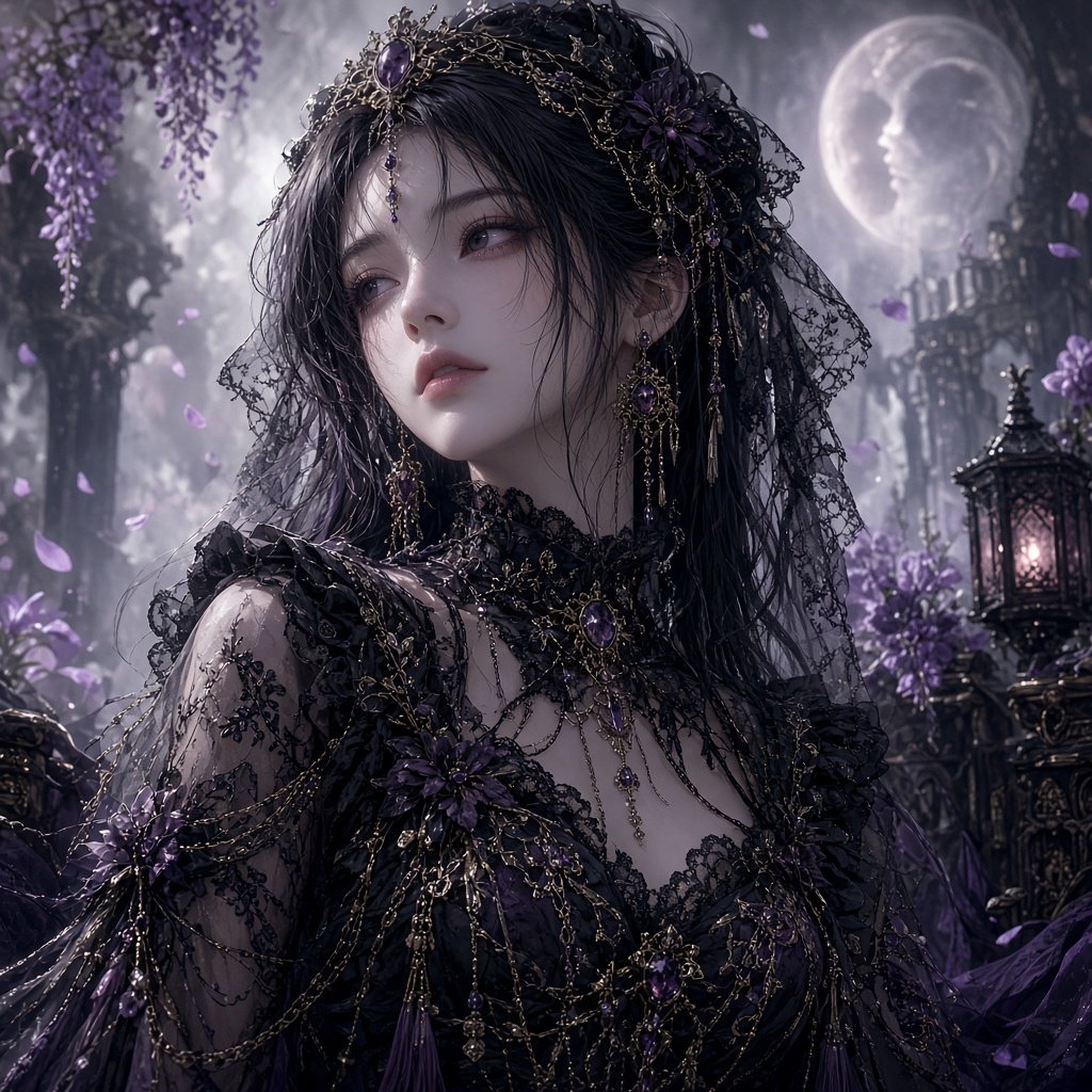 Surreal, ethereal East Asian adult beauty, 21 years old, in maximalist Gothic attire, with the most beautiful expression. — Grok Imagine Image 2
