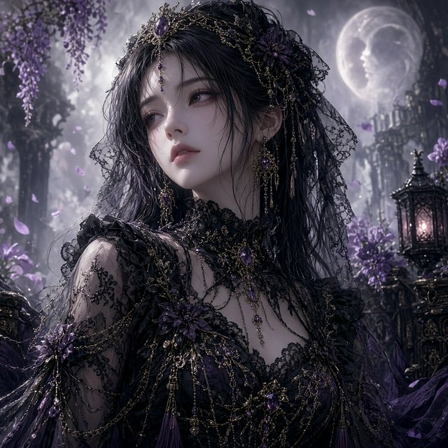 Surreal, ethereal East Asian adult beauty, 21 years old, in maximalist Gothic attire, with the most beautiful expression. — Grok Imagine Image 2