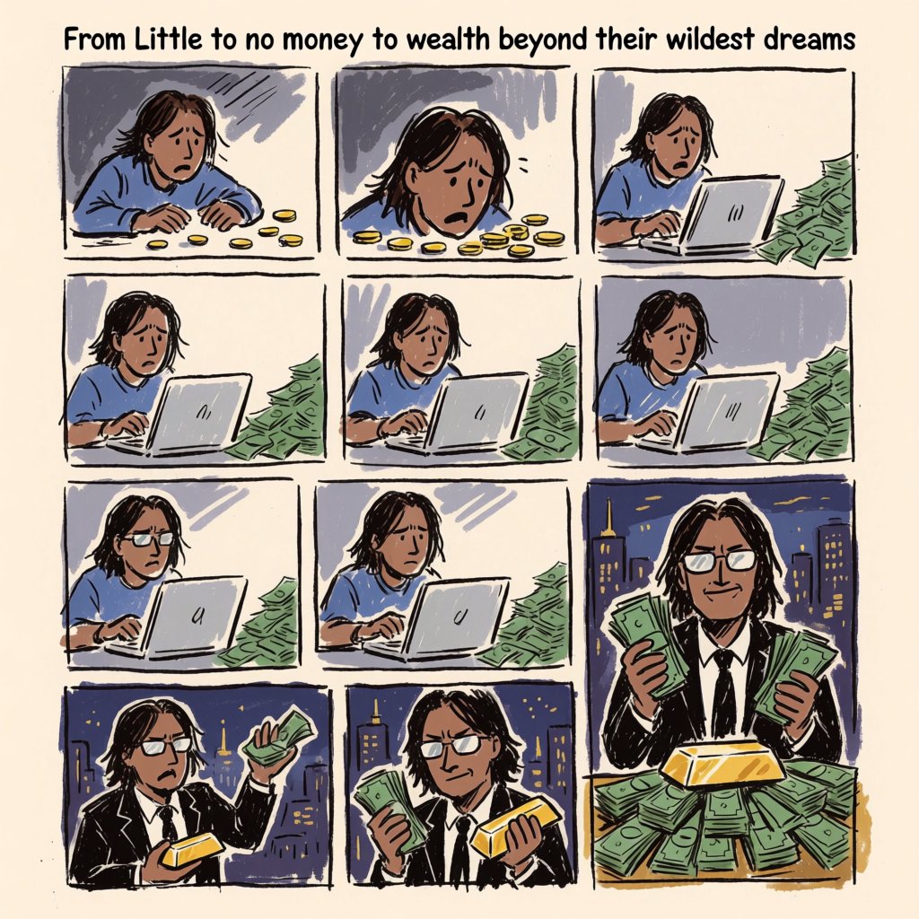Realistic comic. At least 4 panels. It showcases 5 years of someone's life, from the first year, when they struggled to make money, to the fifth year, when they are worth millions to billions of dollars. Make sure money is seen at least once in the image. At the top, it says "From Little to no money to wealth beyond their wildest dreams". — Krea 2 Medium