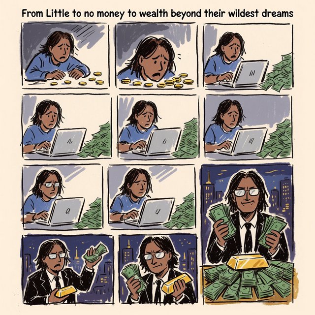 Realistic comic. At least 4 panels. It showcases 5 years of someone's life, from the first year, when they struggled to make money, to the fifth year, when they are worth millions to billions of dollars. Make sure money is seen at least once in the image. At the top, it says "From Little to no money to wealth beyond their wildest dreams". — Krea 2 Medium