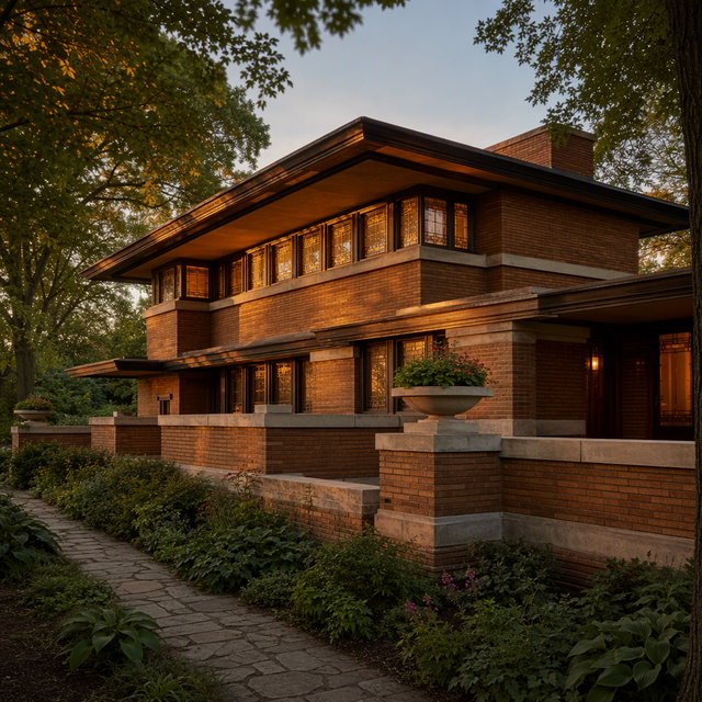 Exterior of a Prairie School residence with broad overhanging eaves, warm brick, limestone courses, and ribbon windows; amber evening light grazes the facade, viewed obliquely from a garden path, with disciplined horizontal lines and credible structure. — GPT Image 2