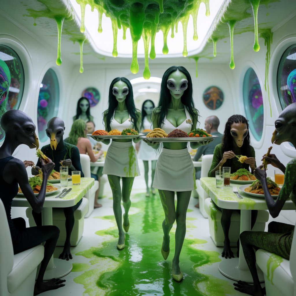 An alien restaurant on a strange planet. The interior is well lit, but the décor is very strange and out of this world. Alien waitresses are bringing in platters of food. Alien diners are eating very unusual dishes. — Krea 2 Medium