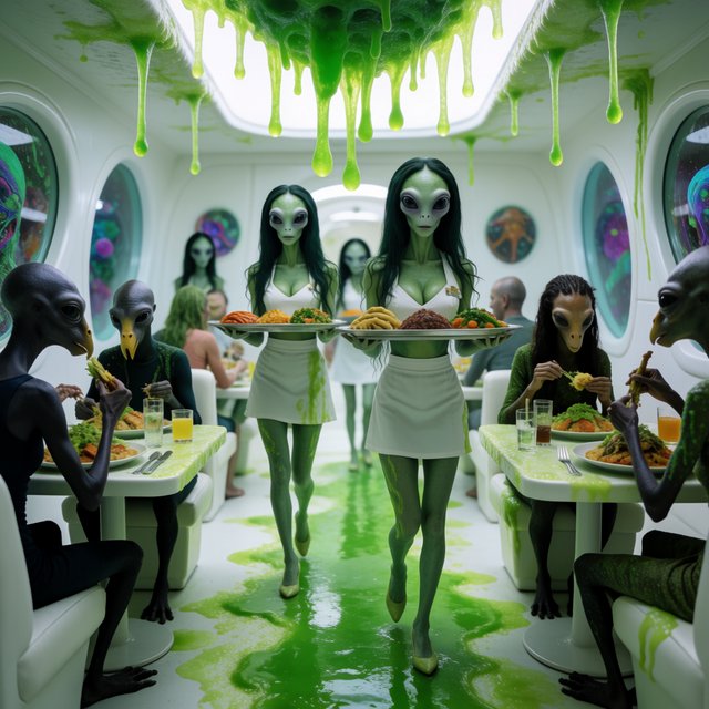 An alien restaurant on a strange planet. The interior is well lit, but the décor is very strange and out of this world. Alien waitresses are bringing in platters of food. Alien diners are eating very unusual dishes. — Krea 2 Medium