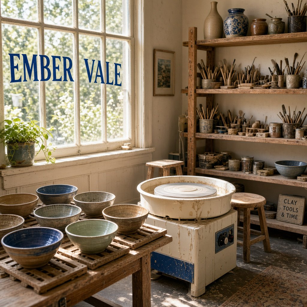 Inside a sunlit ceramics studio, glazed bowls dry beside a turning wheel and shelves of clay tools; "EMBER VALE" is painted in cobalt capitals on the front window. — Grok Imagine Image 2