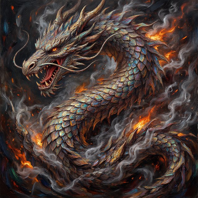 An abstract tapestry woven from the dreams of a sleeping dragon, depicted as a chaotic yet beautiful explosion of iridescent scales, fiery embers, and swirling smoke. The composition is dynamic and energetic, with bold brushstrokes and a rich, textured surface. The style is abstract expressionism, capturing the raw, untamed essence of draconic power. — Qwen Image 3.0
