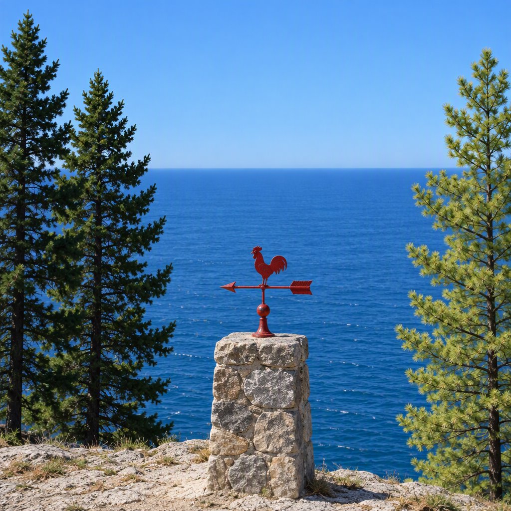 At a coastal overlook, a small red weather vane stands on a stone post. Exactly two dark-green pine trees line the left edge and one pale-green pine tree stands at the right edge; a blue sea fills the background, nothing else. — GPT Image 2.5 Sunburst