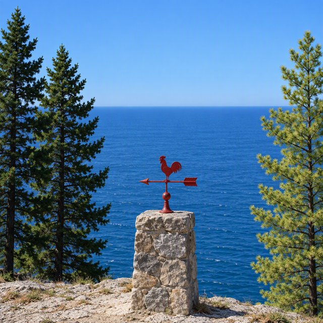 At a coastal overlook, a small red weather vane stands on a stone post. Exactly two dark-green pine trees line the left edge and one pale-green pine tree stands at the right edge; a blue sea fills the background, nothing else. — Model 4