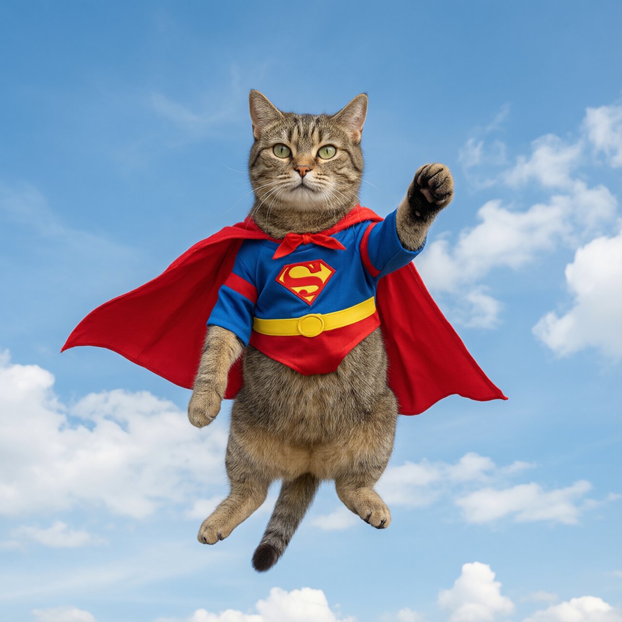 A cat flying in the sky wearing a super kitty costume. — Qwen Image 3.0