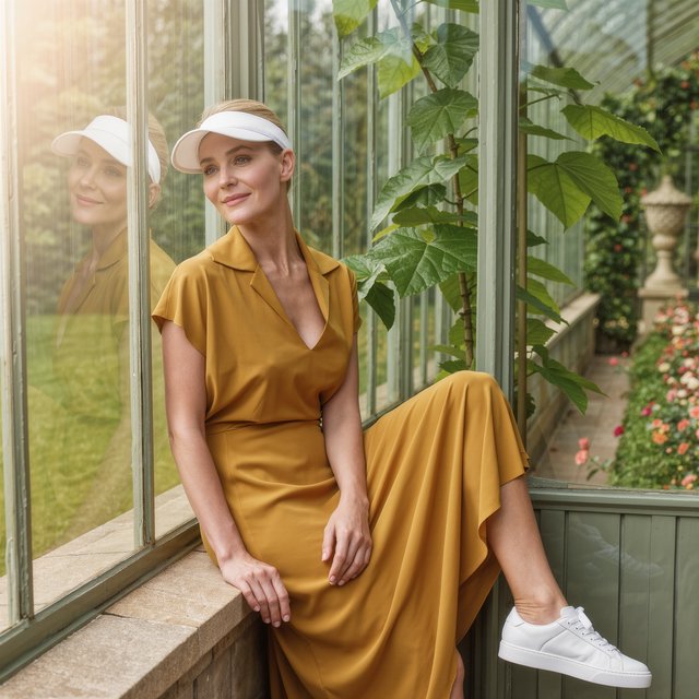 Editorial glamour photograph of an adult woman in a saffron tennis dress and white visor, resting naturally beside a glasshouse garden, flattering morning light, leafy reflections, relaxed smile, refined fashion-magazine composition. — Kling v3 Omni