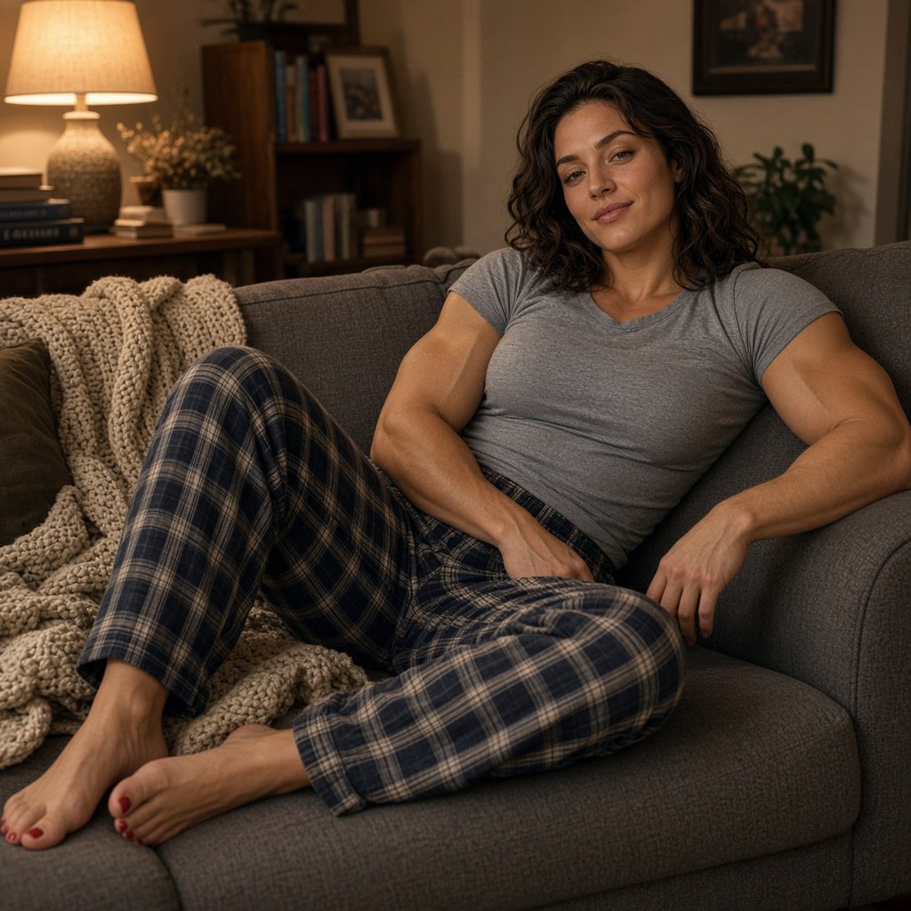 A 28-year-old, 6-foot-tall woman with wavy brunette hair falling just past her shoulders, olive skin, an oval face with soft angular cheekbones, and striking deep green eyes. She has a hyper-muscular, athletic physique built from intense heavy weightlifting and CrossFit — broad shoulders, defined arms, a strong back, and visible core and leg muscle definition — giving her a powerful, statuesque build. Her expression is relaxed and at ease. She lounges comfortably on a couch in her living room, wearing a soft fitted t-shirt and plaid pajama pants, barefoot with red-painted toenails. Warm evening lamp light, cozy lived-in living room background with a throw blanket and a few books on a side table, soft natural shadows, skin texture. — Grok Imagine Image 2