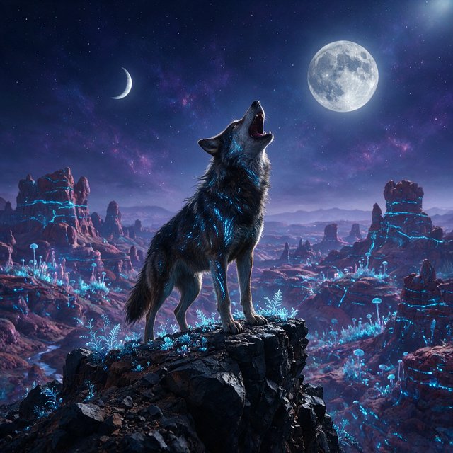 A solitary wolf, its fur subtly infused with shimmering, bio-luminescent patterns, howling at a sky filled with twin moons. The wolf stands on a cliff overlooking a vast, alien landscape dotted with strange, glowing rock formations and spectral, phosphorescent vegetation. — Seedream 5.0 Pro